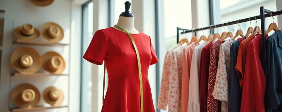 Mannequin wears red dress, surrounded by clothes rack and hats on shelves. Fashion retail store interior with professional display of apparel and accessories. - Powered by Adobe