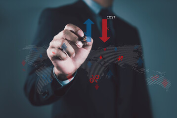 Businessman analyzing global data with rising quality falling cost indicators, representing business efficiency, productivity improvement, performance optimization, and strategic management concept.