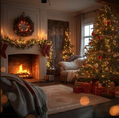 Christmas tree and fireplace at home