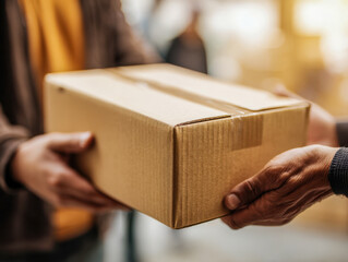 Person handing over a sealed cardboard parcel to another individual in warm indoor lighting, symbolizing delivery, gifting, or package exchange concepts