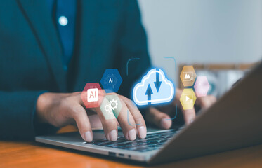 Businessman typing on laptop with AI and cloud computing icons, representing artificial intelligence, data storage, digital transformation, innovation, and future technology concept for smart business