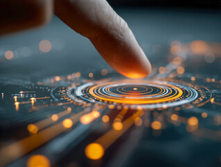 Human finger interacting with a glowing futuristic digital interface and circular data visualization in a high-tech concept for innovation and technology advancement