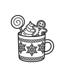 kids’ coloring pages, kids, coloring, pages, Line art features hot cocoa with gingerbread man and snowflake mug on transparent background