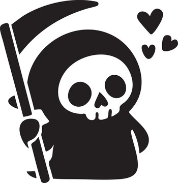 Cute Kawaii Death Character Vector Icon | Black and White Scythe Skeleton Head with Heart Symbol