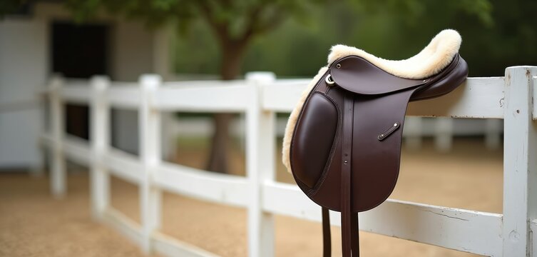 Premium brown leather English saddle with soft cream sheepskin lining elegantly hangs on rustic white wooden fence. Equestrian sport equipment awaits dedicated rider for horse riding lessons, pro