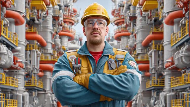 Master Engineer at Work: A confident engineer stands proudly in a bustling industrial environment, surveying the complex machinery with a look of expertise and command.