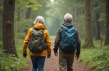 Rear view of senior couple trekking in forest. Elderly man and woman walk with backpacks in woodland. Mature tourists enjoy nature. Couple hiking outdoors on trail path. Active lifestyle.