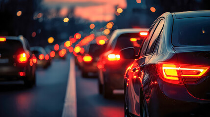 Traffic congestion during evening rush hour with brake lights glowing and vehicles lined up on a busy urban road at sunset in a blurred background scene