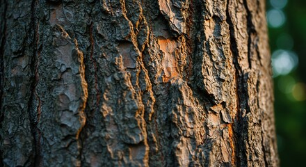 Close-up of a textured tree bark with sunlight highlighting details.