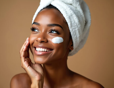 Smiling young african american woman with towel on head applies white cream on cheek. She has clear smooth skin and looks happy enjoying facial treatment. - Powered by Adobe