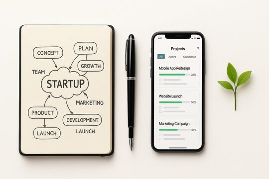 Startup planning and project management with smartphone and notebook on desk