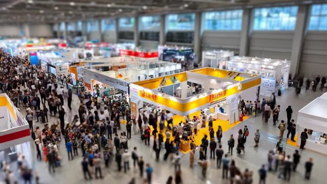 Exhibition Crowd: A comprehensive overhead shot captures the buzzing atmosphere of an exhibition, teeming with a crowd exploring various display booths. The scene exudes energy.