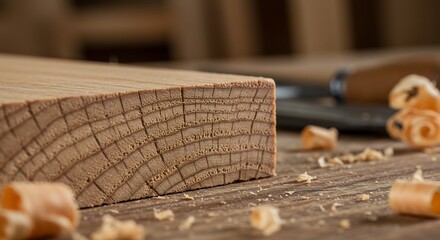 Close-up of a wooden plank with wood shavings and tools.