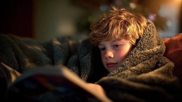 A boy sits on a couch, wrapped in a warm blanket, reading a colorful book with great interest. The cozy setting of the living room creates a perfect atmosphere for the boy's readin