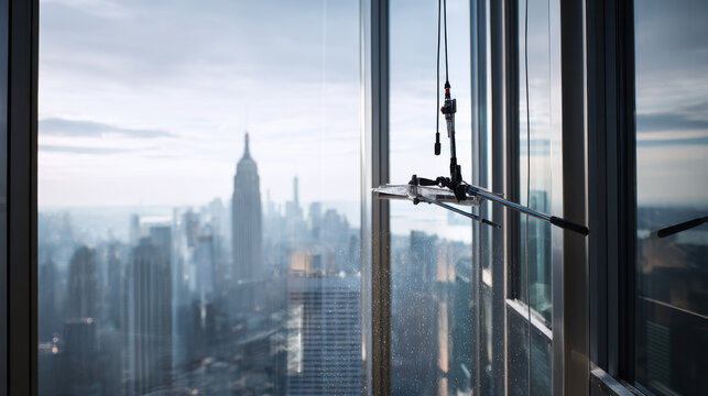 Window cleaning in a high-rise building with a view of the city. A professional window cleaner is seen working on a skyscraper window, with the iconic cityscape in background, showcasing cleanliness
