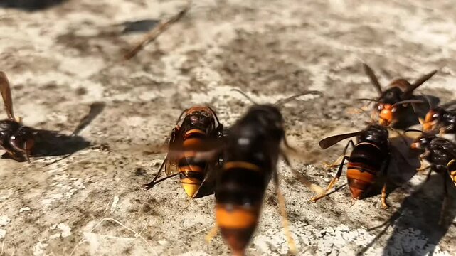 오래된 패널 위의 이끼와 유인 꿀을 먹는 장수말벌과 등검은말벌 7 Asian Giant Hornet and Yellow-legged Hornet feeding on moss and bait honey on an old panel