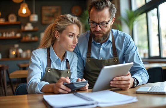Restaurant owners, man, woman, calculate business expenses on tablet. Couple manages small cafe finances. Partners work with calculator, budget, checking bills, income for local eatery together.