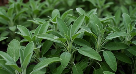 Close-up of fresh green sage leaves growing in a garden.