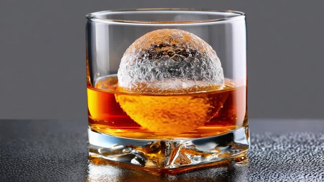 Whiskey on the Rocks: A single, perfectly spherical ice sphere floats serenely in a glass of amber whiskey, offering a moment of cool respite and refined taste.