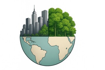 Half globe with city skyline and forest representing urban and natural environments