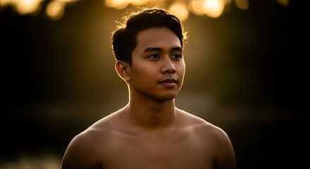 A cinematic, ultra-realistic portrait of a thoughtful young man, shirtless and illuminated by the warm, golden glow of a setting sun, evoking a sense of peaceful contemplation