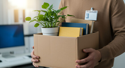 Middle aged Caucasian woman holding cardboard box filled with personal belongings and potted plant, wearing name tag labeled retired, standing in office environment, retirement in an office/workplace 