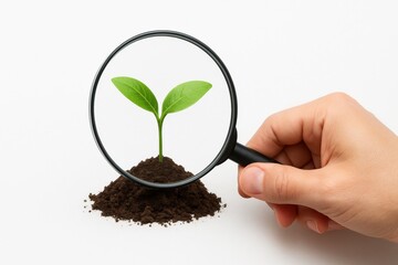 Hand holding magnifying glass examining small green plant growing in soil