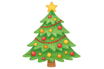 Obraz premium Watercolor christmas tree with star and ornaments, festive holiday season greeting decoration element, transparent background png