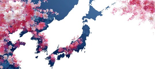 Japan map with Sakura flower element on white background. Generative AI technology.	
