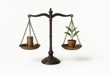 Balance scale comparing money and plant symbolizing financial growth and sustainability