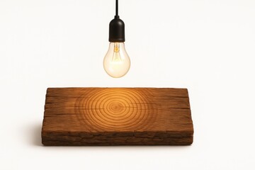 Illuminated light bulb hanging above wooden block on white background