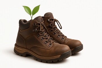 Brown leather hiking boots with green plant sprout symbolizing eco friendly concept