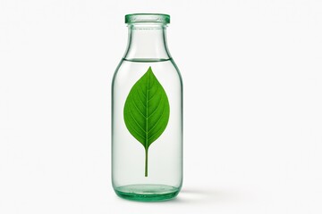Green leaf inside glass bottle on white background for eco concept