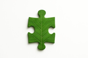 Green leaf shaped as puzzle piece on white background for nature concept