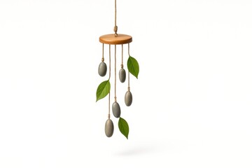 Minimalist wooden wind chime with stones and green leaves hanging indoors