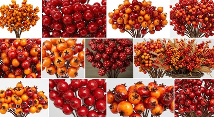 Collection of Autumn Berry Bunches in Various Red and Orange Hues.
