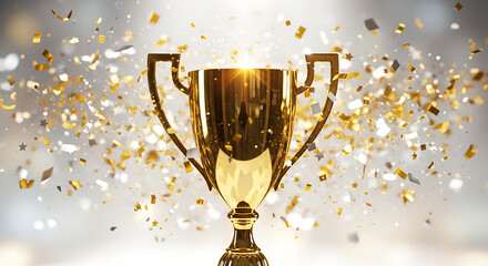 Shining golden trophy representing ultimate success and triumphant achievement amidst a celebratory cascade of glittering confetti