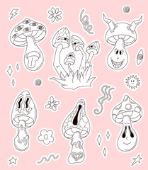Mushroom groovy character sticker set in groovy line art style. Psychedelic collection with retro element and funny face. Trippy surreal set on a pink background.