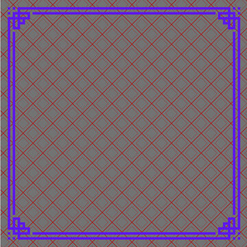 Geometric pattern with gray squares and red lines framed by a purple border with corner details