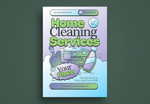 Gradient Purple Green Y2K Home Cleaning Service Flyer Layout