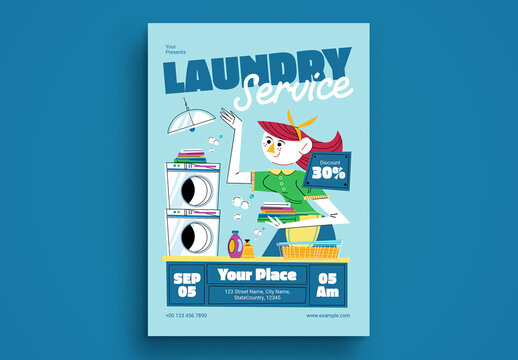 Blue Mid Century Laundry Service Flyer Layout