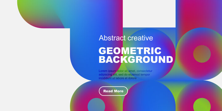 Abstract geometric shapes, vibrant colors, modern design. Text includes geometric background, plus sample lorem ipsum text, button.