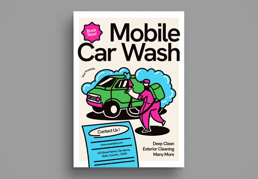 Cream Flat Design Mobile Car Wash Flyer Layout