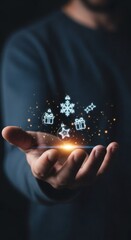 Person’s hand interacting with holographic Christmas ornament interface, floating icons and light particles, blurred dark background, soft focus. Vertical backdrop for AI and technology progress
