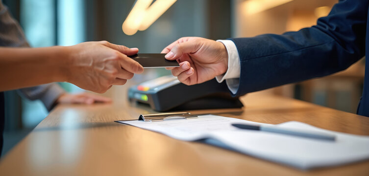 Man in suit takes credit card from woman at hotel reception desk. Client pays for room booking. Guest makes secure payment for accommodation at counter with POS terminal and signs form. - Powered by Adobe