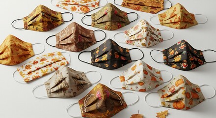 Collection of Fall-Themed Face Masks on White Background.