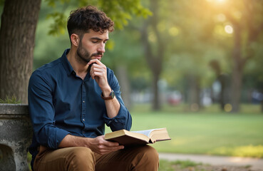 Pensive bearded man reads bible on park bench. Thoughtful person studies holy scripture outdoors in nature. Spiritual student learns gods word alone finding peace, faith contemplating lifes meaning,