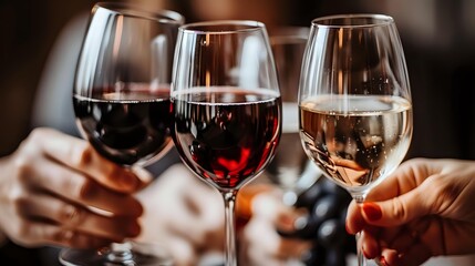 Glasses of red and white wine clinking in celebration toast, close-up view with warm ambient lighting creating romantic mood for special occasions.