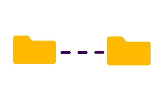 Two yellow folders linked by a dotted line represent synchronization and data exchange, symbolizing collaboration and connection between digital systems