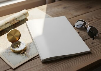 Travel Magazine Mockup on Wooden Desk with Map, Compass and Sunglasses, Warm Natural Daylight and Realistic Shadows